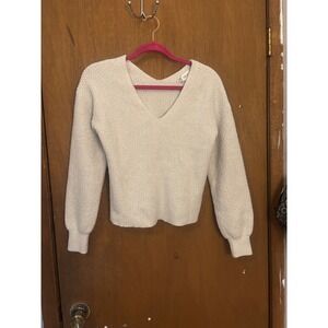Pink Rose Textured V Neck Sweater Cream Size S Cozy Long Sleeve